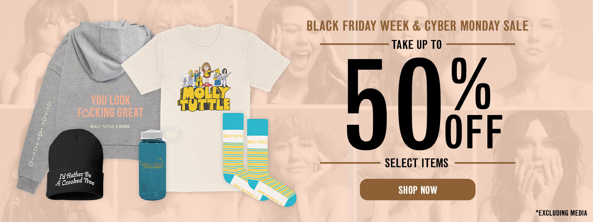 Promotional banner for a Black Friday and Cyber Monday sale with clothing and accessories on a beige background.