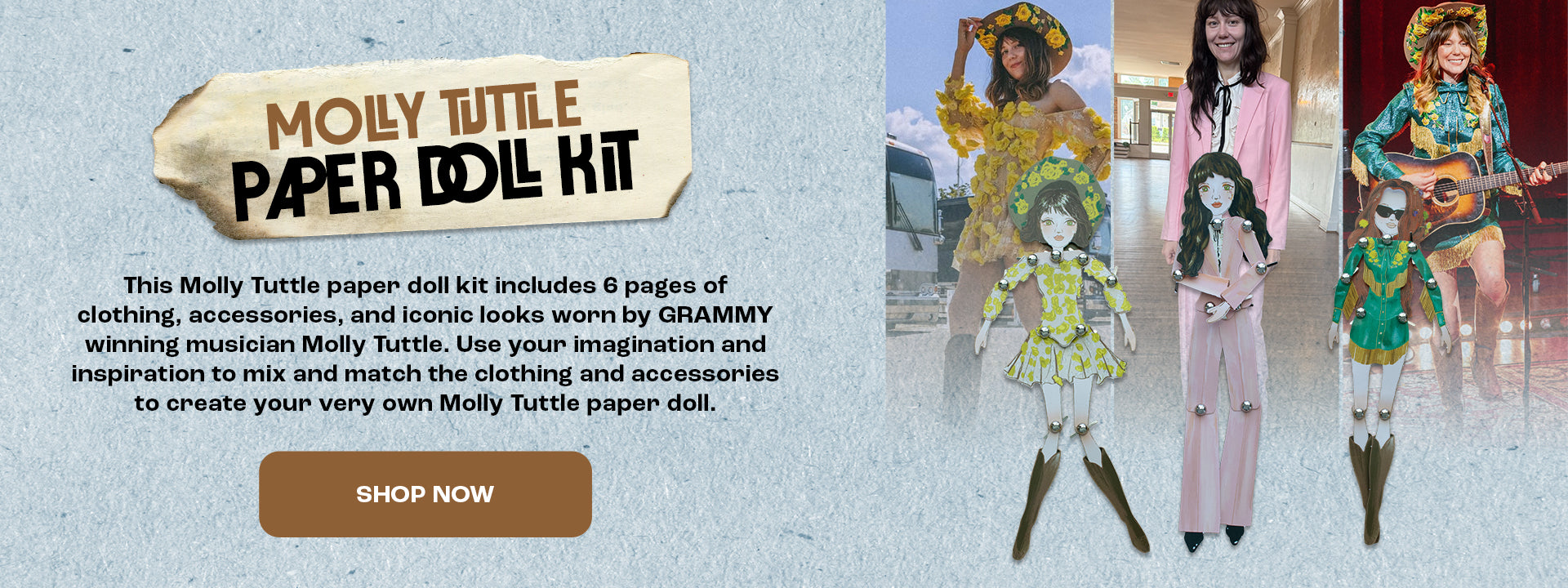 Molly Tuttle paper doll kit with clothing and accessories, featuring a woman in a colorful outfit.