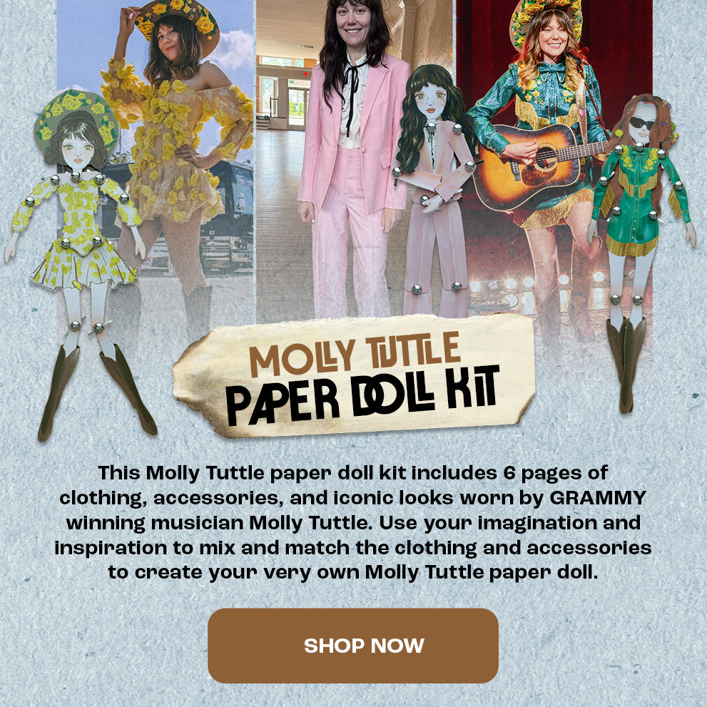 Molly Tuttle paper doll kit with illustrations and a 'Shop Now' button.